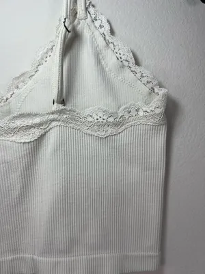 Wild Fable Ribbed Lace Cropped Cami Tank Top Cream Neutral Layering Y2K Sz Small thumbnail 8