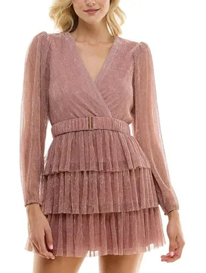 NWT B. Darlin Metallic V-Neck Belted Ruffled Tiered Sheer Sleeved Dress Pink 5/6 thumbnail 1