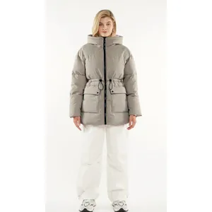 Puffit‎ Women's Small Hooded Mid Length Puffer Jacket Splashproof Modern Taupe thumbnail 2