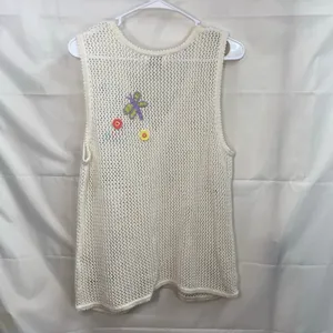Vintage Christopher & Banks cream crocheted button butterfly floral sweater vest thumbnail 7