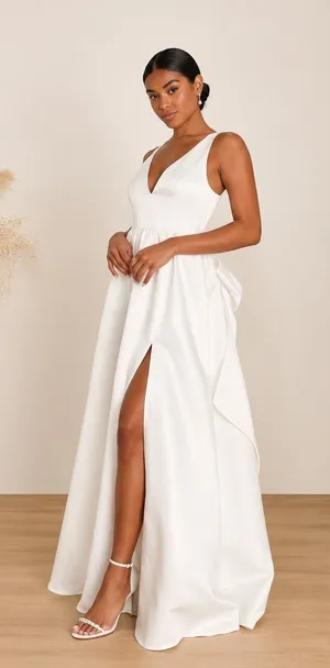 LULU's Bridal Wedding Chic Classy Modern Sexy Minimalist Sexy Satin A-Line Gown thumbnail 1