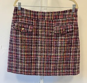 Loft Multi Color Tweed Plaid Mini Skirt Gold Button Front Size 10 Purple Red thumbnail 1