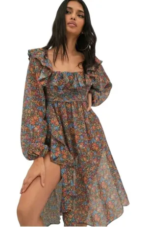For Love & Lemons Brittany ruffle Midi balloon sleeve floral Dress Size‎ M thumbnail 1