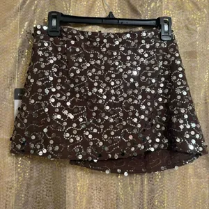 Emerson Lang Brown Silver Sequin Shiny Mini Wrap Front Skort Small NWT thumbnail 2