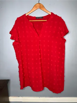 Merokeety Split-Neck Textured Short-Sleeve Blouse in Red XL thumbnail 2