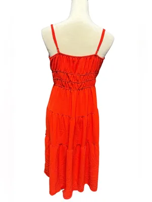 Monteau Los Angeles Smocked Waist Tiered Midi Dress in Bright Red Sz L thumbnail 3