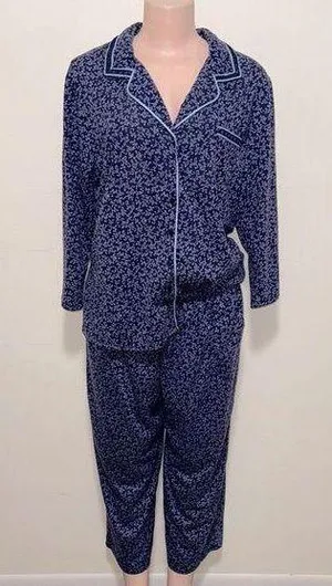 Adonna woman size LARGE blue pajama set 3/4 sleeve button up drawstring bottom thumbnail 1