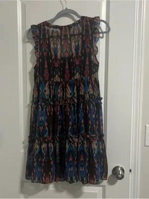 Sleeveless Tiered Ikat Print Dress in Blue and Black thumbnail 3