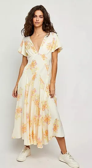 Free People Laura Yellow Floral Print Midi Dress Women's Small Boho Romantic thumbnail 1