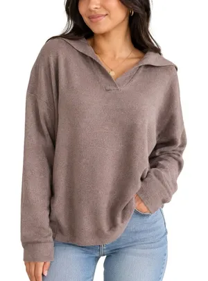 Pink Lily Chocolate Brown Acid Wash Oversized V Neck Hoodie Small thumbnail 1