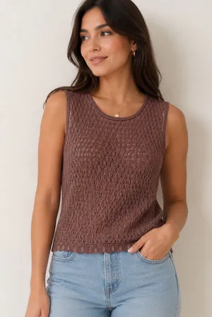 Sleeveless Crochet Knit Tank Top in Chocolate Brown thumbnail 1