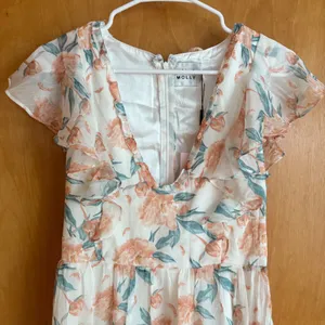 Hello Molly Floral Mini Dress Women Size 4 White Peach Ruffle Flutter Sleeve NEW thumbnail 3