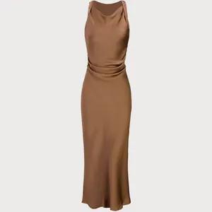 Rihoas Coffee Satin Boat Neck Slip Midi Dress thumbnail 6