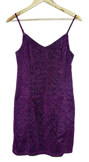 Lulus Glitter Metallic V-Neck Mini Dress Purple Sparkly Party Glam Size M thumbnail 1