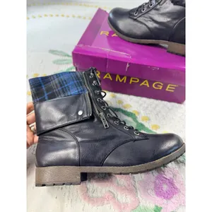 Rampage Jaggup Black Combat Boots Plaid Fold Over Lace Up Ankle Boots WF0015 10M thumbnail 2