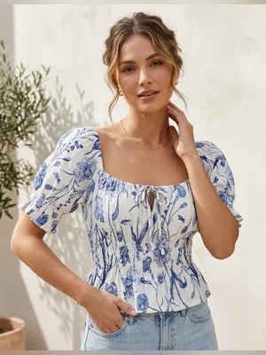 H&M Women’s Cotton Floral Smocked Peplum Puff Sleeve Crop Top Size Medium thumbnail 1