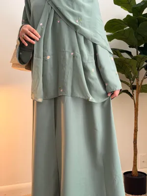 Floral Teal Abaya Two Piece Hijab Modest thumbnail 4