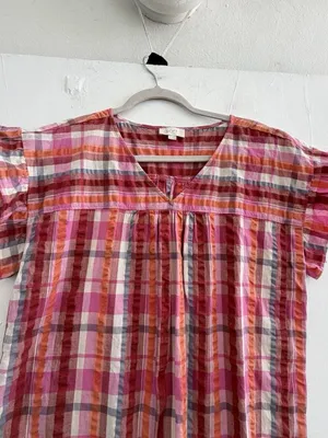 NEW LOFT Outlet Orange Pink Plaid V-Neck Flutter Ruffle Sleeve Blouse Top LARGE thumbnail 4