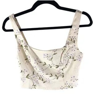 Commense Crop Top Sleeveless Square Neck Floral Ivory Zip Back S thumbnail 1