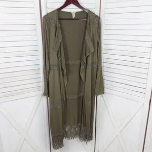 BKE Buckle Gimmicks Western Boho Lace Trim‎ Cardigan Duster Olive Green Small thumbnail 7