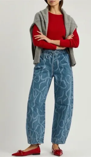 Damson‎ Madder Bow Print Denim Trousers Womens 6 Blue Excellent Barrel Leg Pants thumbnail 1
