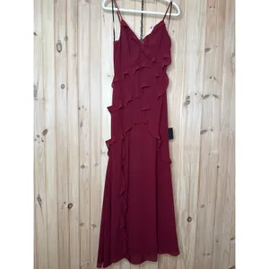 NWT Lulus Fancy Sweetness Wine Red Ruffled Lace-Up Sleeveless Maxi Dress Gala S thumbnail 2