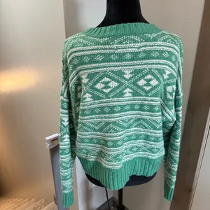 American Eagle Fair Isle Green‎ White Cropped Sweater Crewneck Pullover Winter M thumbnail 3