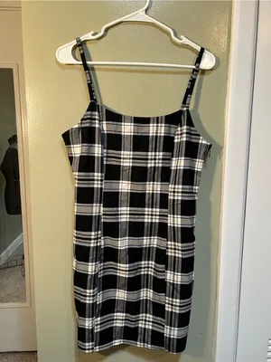 Divided H&M Women’s Size Medium Mini Bodycon Dress Black White Plaid Square Neck thumbnail 2