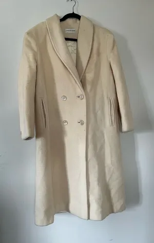 Vintage Cream Long Wool Pea Coat Womens 12 Double Breasted Quiet Luxury Capsule thumbnail 1