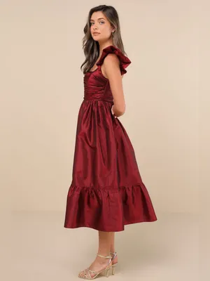 Lulus Poised Passion Wine Red Taffeta Pleated Ruffle Midi Dress Size XS NWT thumbnail 3