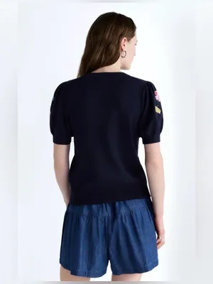 Navy Floral Embroidered Short-Sleeve Cardigan thumbnail 3