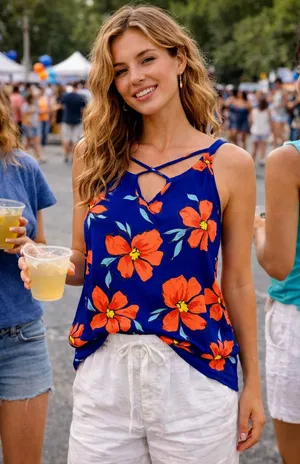 Fortune + Ivy Kason Split Neck Sleeveless Blouse Blue Red Floral L thumbnail 1