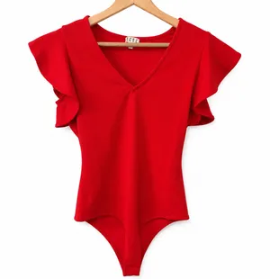 TCEC Women's Red Flutter Sleeve Bodysuit V Neck Romantic Feminine Top, M thumbnail 1