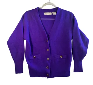 Shannan Vtg Angora‎ Lambswool Cardigan Sweater Purple Fuzzy Button Front M Luxe thumbnail 1