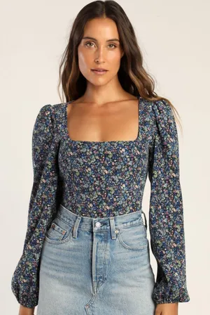 Lulus Floral Corduroy Ballon Sleeve Crop Top thumbnail 1