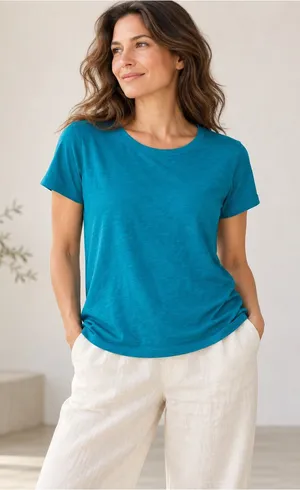 Eileen Fisher Teal Organic Cotton Short Sleeve Tee Size S NWOT thumbnail 1
