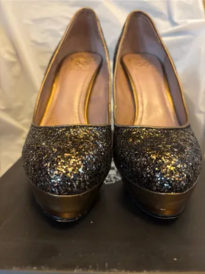 Vince Camuto Black and Gold Glitter Platform Pumps thumbnail 2