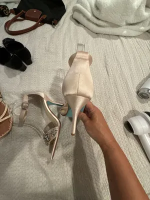 Blue by Betsey Johnson Gina Champagne Satin Rhinestone Ankle Strap Heels thumbnail 9