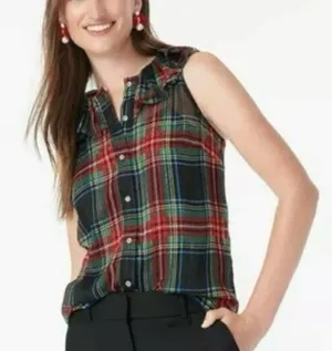 J. Crew Tartan Plaid Red Green Metallic Sheer Ruffle Button Tank‎ Blouse NWT S thumbnail 1