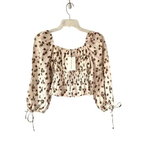 Faithfull The Brand NWTs Smocked Floral Crop Top Cream Chocolate Brown size 4 thumbnail 2