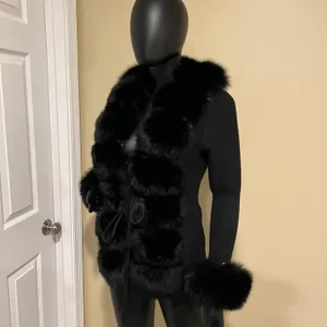 Real fox fur cardigan genuine fur collar trench coat parka jacket wool cape blazer thumbnail 3