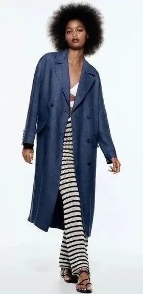 ZARA Limited Edition Linen Coat Buttons Pockets Double Breasted Blue X-Small thumbnail 1