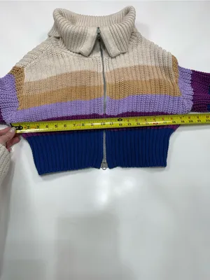 aerie 100% Cotton Cropped Zip-Up Striped Sweater in Cream, Mustard, Purple, Navy thumbnail 4