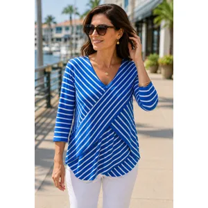 Chico's Miraculous Stripe Tiered Top Blue White‎ Asymmetrical Stripe Sz 1 M 8 thumbnail 2