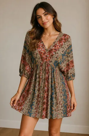 ODDY Boho Floral Mini Dress – Rust Teal Cream V‑Neck Flutter Sleeve Dress thumbnail 1