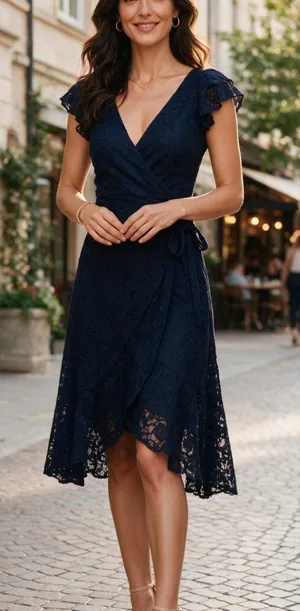 Ali & Jay Navy Blue Lace Flutter Sleeve Wrap Embroidered Midi Dress Size s thumbnail 1