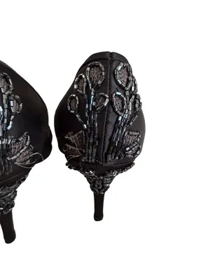 HOUSE OF DEREON Beyonce Black Satin Embroidered Beaded Heels Size 7.5 thumbnail 3