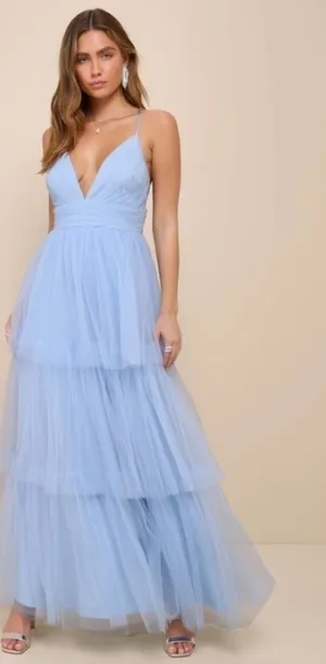 LULU's Prom Sexy Tiered Ruffles Boho Chic Blue Maxi Dress NWOT thumbnail 1