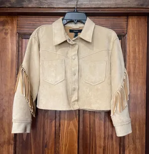 Forever 21 Tan Suede-Inspired Cropped Fringe Bomber Jacket thumbnail 1