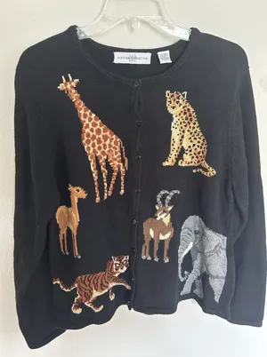 Marisa Cristina 90s Vintage Black Embroidered Safari Animal Cardigan Size Large thumbnail 1